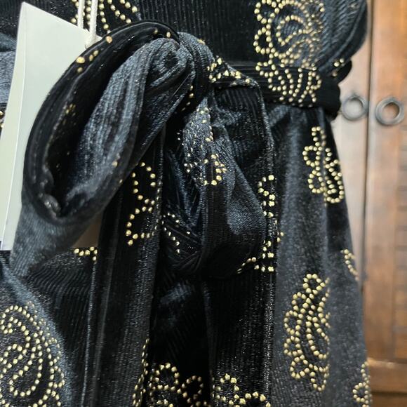 NWT TulaRosa REVOLVE Black Velvet Emily Wrap Dress Gold Paisley Studs XXS - Picture 8 of 15